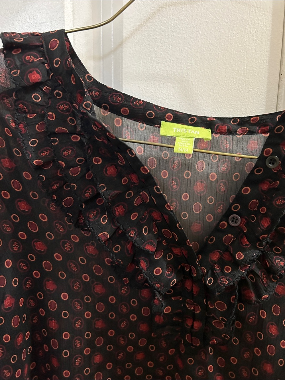 Sheer Ruffle V-Neck Blouse in Black with Red Dot Print